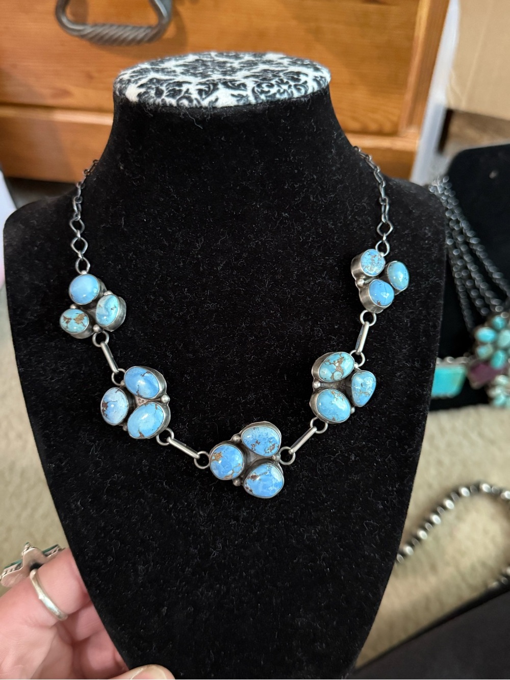 Navajo handmade Scott Skeets Golden hills Turquoise Cluster choker necklace